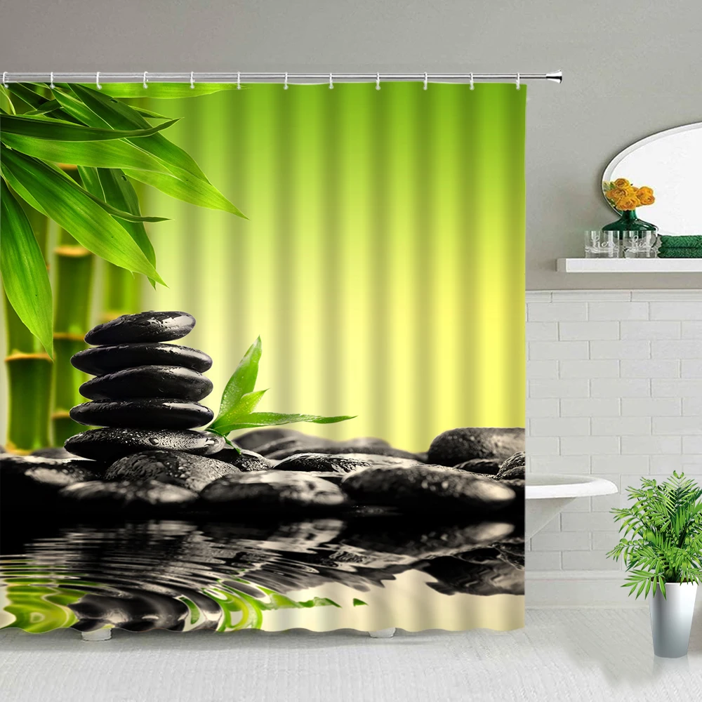 Zen Waterproof Shower Curtain Green Bamboo Candle Black Zens Stone Spa  Bathroom Decor 4-Piece Set