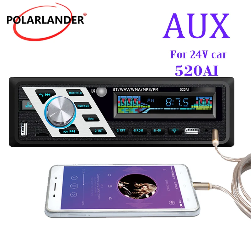 Car Radio 1Din OLED Autoradio MP3 Player Color Button TF Card FM 24V AUX U Disk USB ISO Interface Bluetooth 4.2 520AI Hands-free |