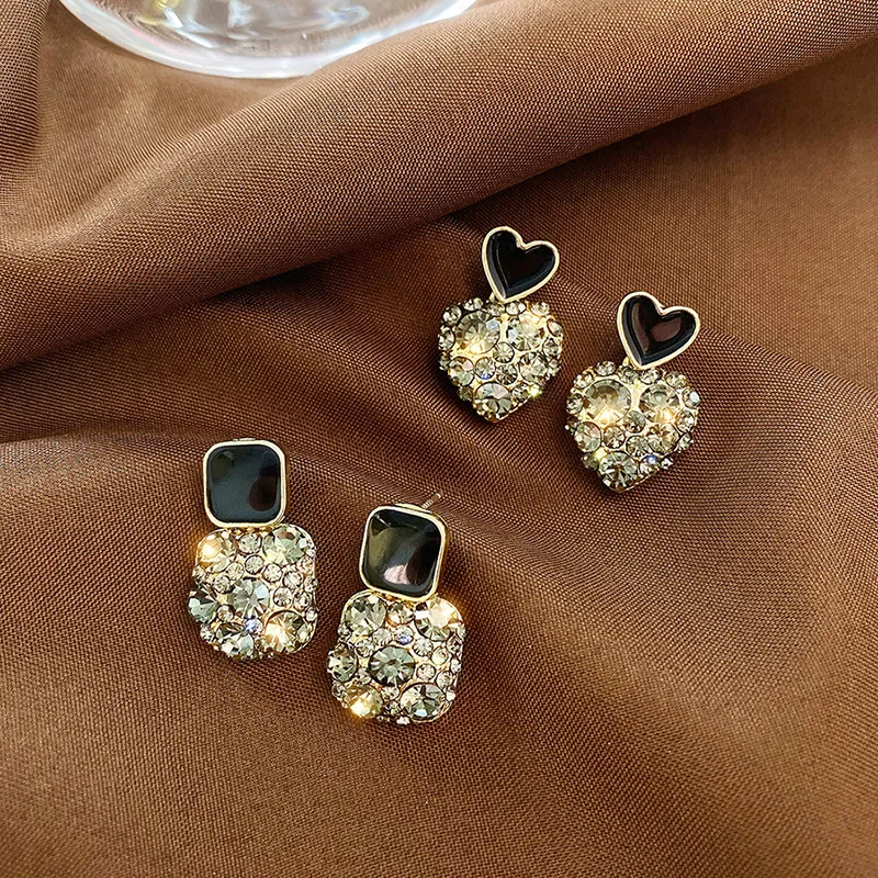 Crystal Heart Shaped Square Shiny Rhinestones Drop Earrings For Women Girls Party Gift Trendy Wedding Dangle Jewelry |