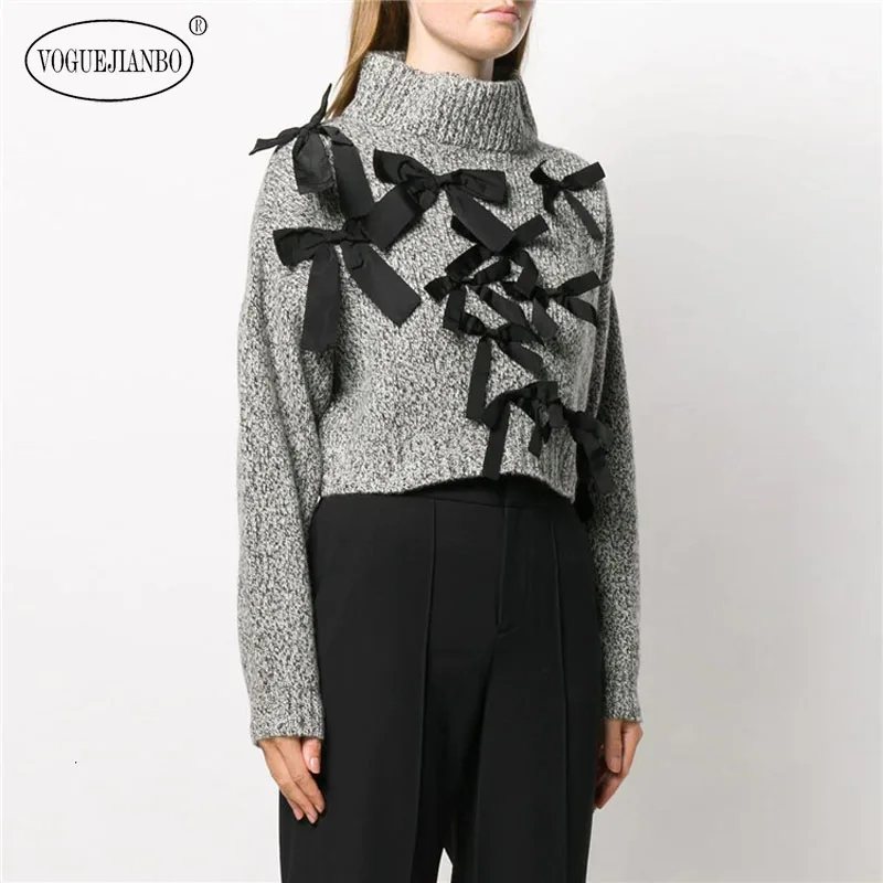 

VOGUEJIANBO 2019 new Top short bow sweater female gray pullover turtleneck sweater fashion kpop pullover vestidos clothes