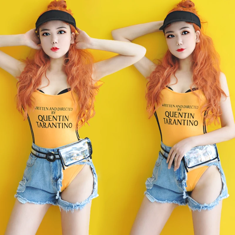  Jazz Dance Costumes Sling Bodysuit Denim Shorts Girls Hip Hop Clothing Ladies Stage Outfit Women Ch