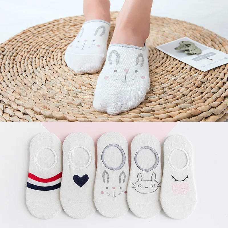Весенне-летние Цветные Милые невидимые короткие носки для женщин, белые полосатые хлопковые неглубокие Женские Носки с рисунком, кавайные носки