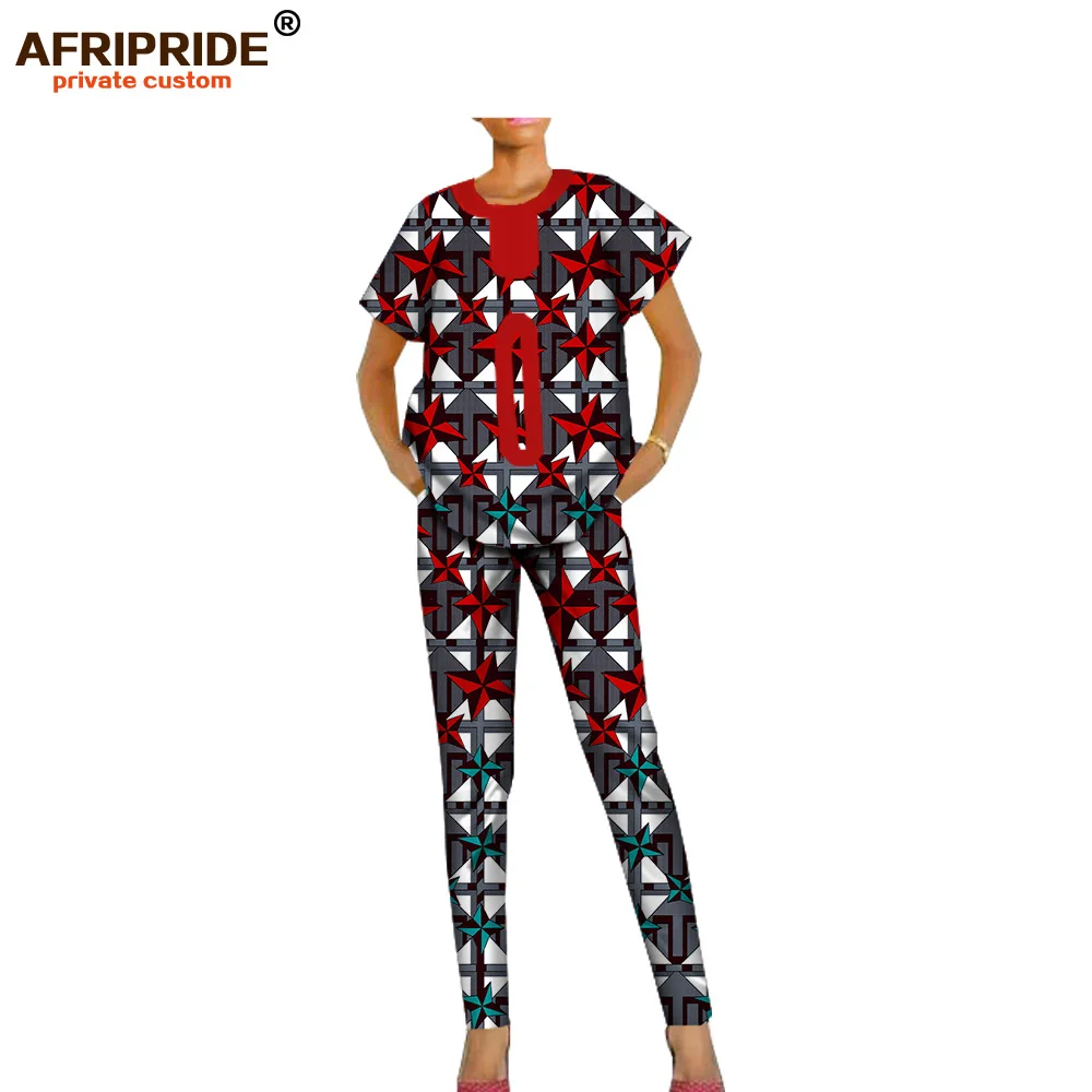 Весенние повседневные брюки для женщин AFRIPRIDE короткий рукав o-образным вырезом топ+ длина лодыжки тонкие брюки женский батик хлопковый комплект A1826004
