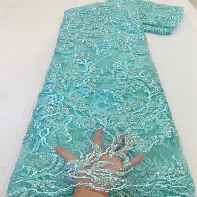 

Fashion handmade beads Design African Sequins Lace Fabric New Arrival Nigerian Tulle Mesh Lace Fabric For Wedding TS9796