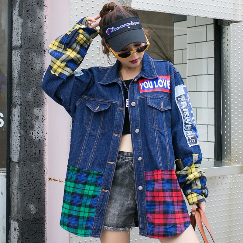 

Graffiti Jeans Jacket Women Pattern Design Stitching Tartan Long Coat Denim Patchwork Plaid Ulzzang Harajuku Winter Outwear Chic