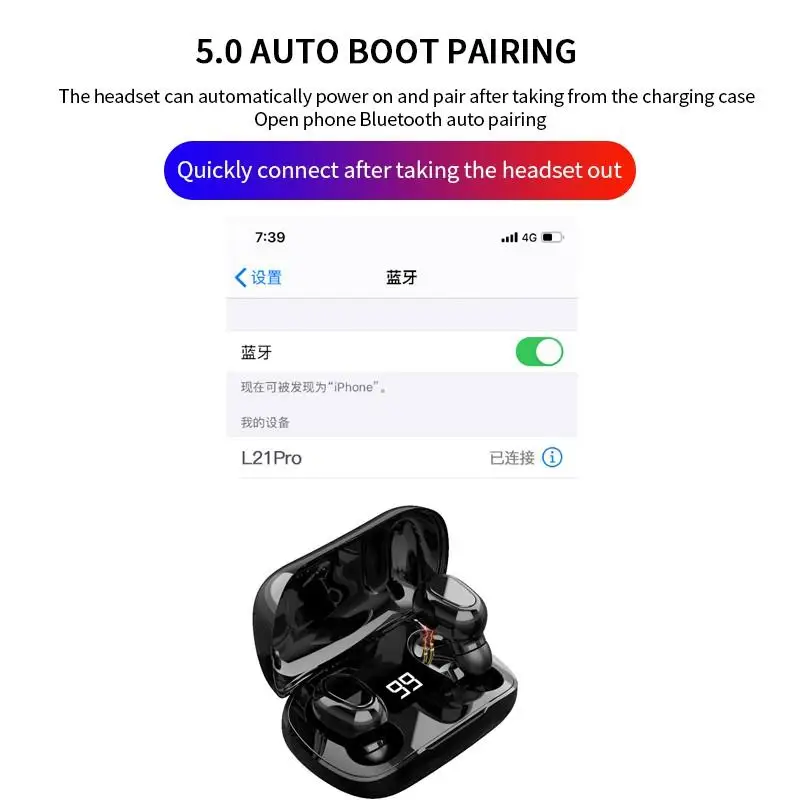 L21 Bluetooth Wireless Headphones LED Power Display IPX7 Waterproof Binaural HD Call Headset Auto Pairing Noise Reduction Earbud