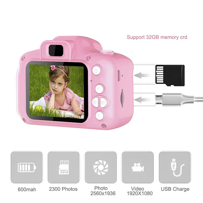 Мини цифровая детская камера игрушки 2 дюймов HD экран USB заряжаемый подарок для детей Новое поступление