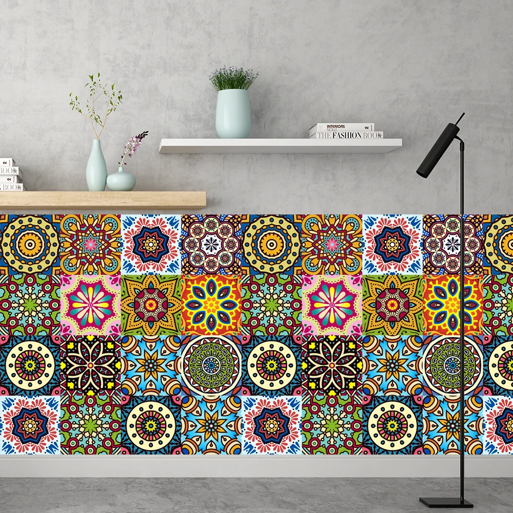16pcs Mandala Style Kitchen Oil-poof & Waterproof Stickers Cupboard Bathroom Home Renovation Art Mural Self-adhesive Wall Decals