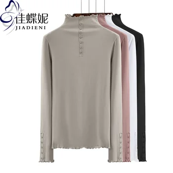 

2019 Autumn Winter Women Korea Style Turtle Neck Cotton Slim Fit Classical Solid Color Basic T-Shirt Long Sleeve Office Lady Tee