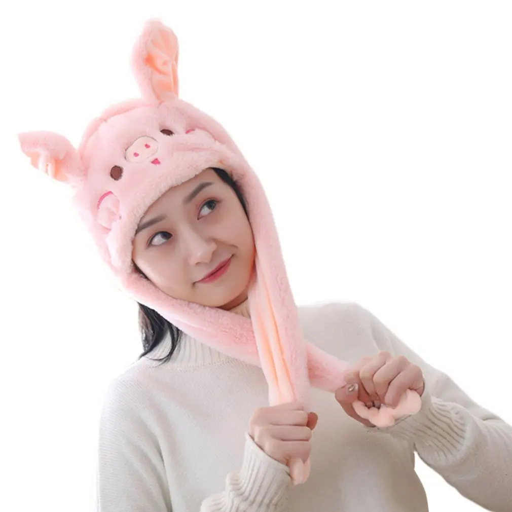 Girls Animals Ear Moving Jumping Hats Children Women Warm Plush Rabbit Winter Caps Kids Cute Bunny Fuzzy Pinch Airbag Funny Hats
