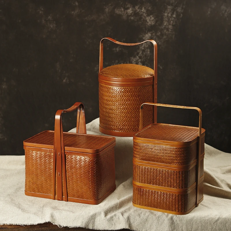

Ancient Style Bamboo Woven Cabas Antique Court Food Container Moon Cake Gift Box Basket Tea Set Storage Box Wedding Gift Box