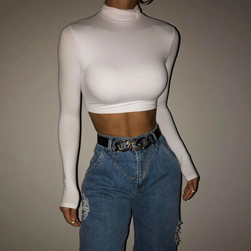 Turtleneck Long Sleeve White Sexy Crop 