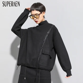 

SuperAen Europe 2020 Spring New Women's T Shirts Wild Cotton Fashion Casual Ladies T Shirts Stand Collar Tops Female