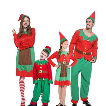 

2020 New Father Mother Kids Halloween Costumes Elves Santa Christmas Costumes Parent-child Set Adult Red Green With hat Clothes