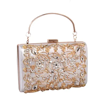 

2020 White Rhinestone Gold Metal Purse Hollow Out Sliver Suede Bags Women Evening Floral Chain Mini Phone Case Chain Handbags