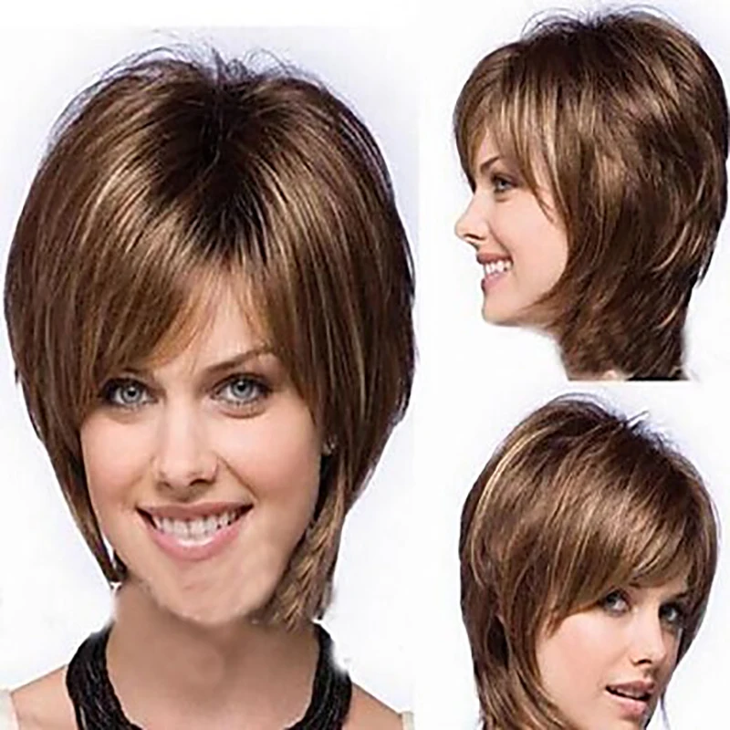 Bangs Straight Style Pixie Cut Capless Wig Synthetic Hair 14 inch Women's Synthetic Wig Brown Mixed Short Natural Wigs