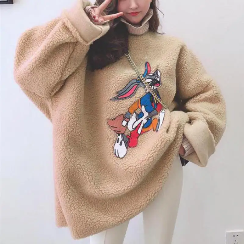 

Winter Warm Lamb Wool Women's Hoodie Cartoon Anime Harajuku Casual Pullover Top Loose Sweatshirt