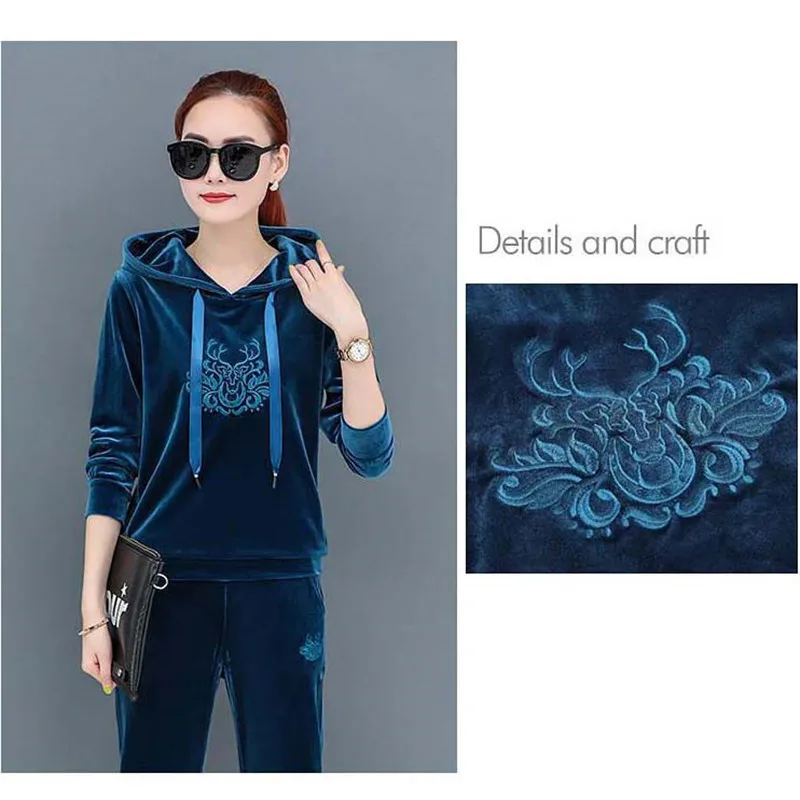 Sportwear Hooded Velvet Tracksuits Winter Women Plus Size Casual Ensemble Femme Jogging Two Piece Sets Embroidery Tops And Pants