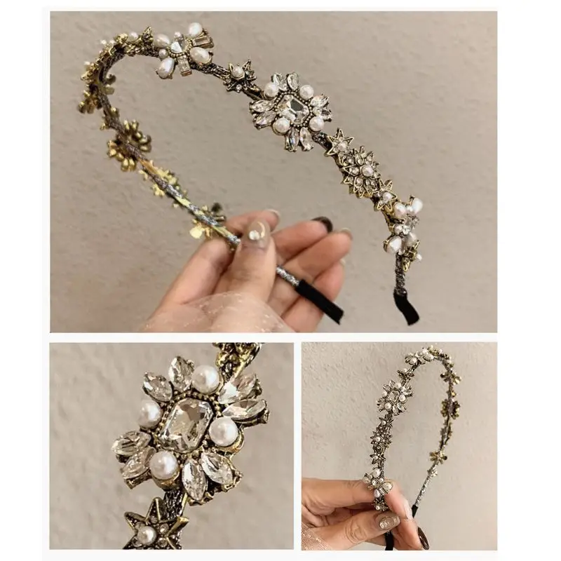 Retro Baroque Imitation Pearl Crystal Flower Star Hair Accessory Bridal Crown Headband Wedding Party Boutique Jewelry 4