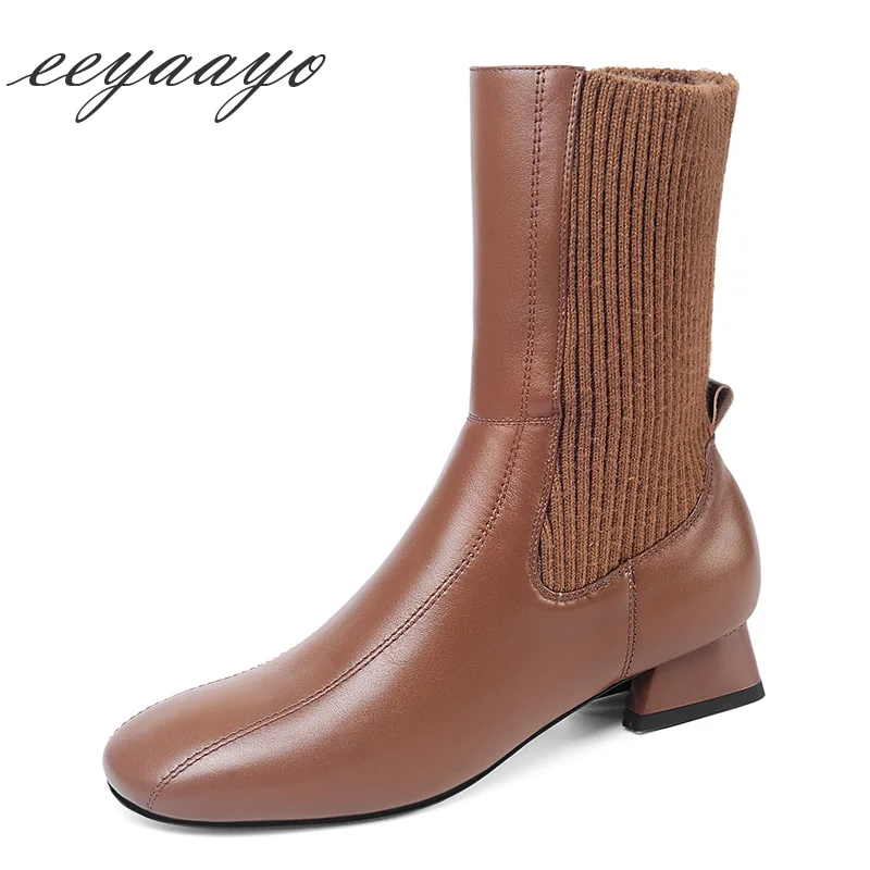 

2019 New Spring/Autumn Genuine leather Women Ankle Boots Low Heel Square Toe Solid Fashion Elastic Women Shoes Brown Short Boots