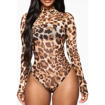 

Womens Mesh Leopard Print Bodysuit Stretch Leotard Romper Tops Jumpsuit High Neck Sexy Party Club Vintage Fashion Clothes