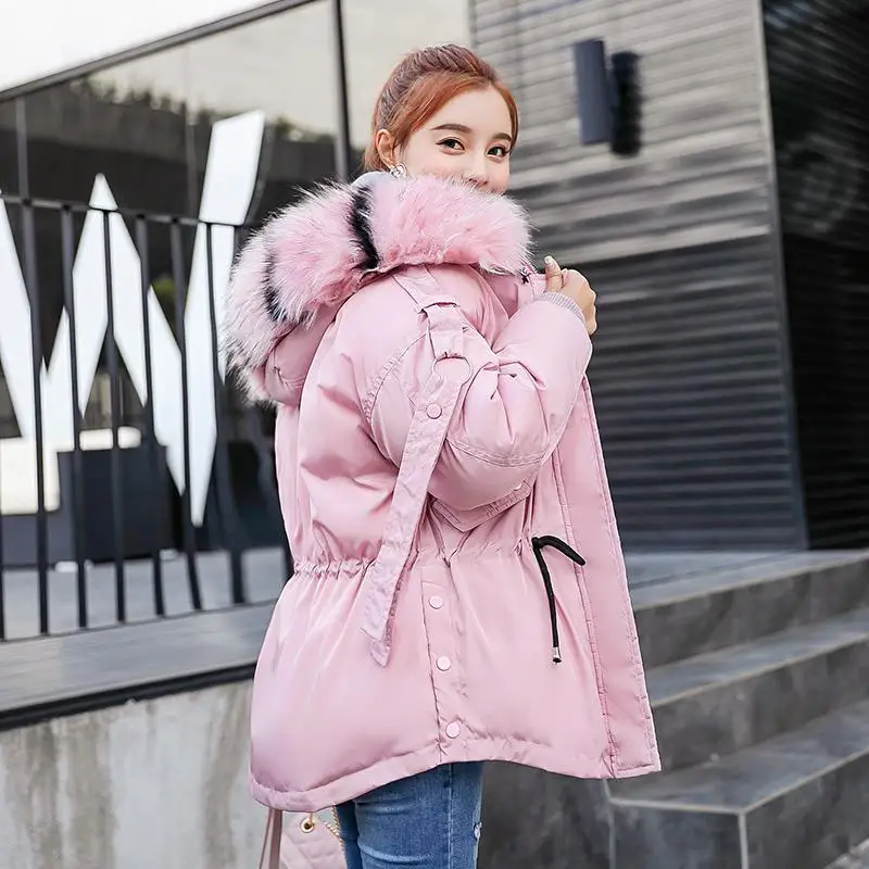 Fitaylor Новая Женская осенне-зимняя короткая куртка Mujer с капюшоном парки Женское пальто свободная хлопковая верхняя одежда с меховым воротником - Цвет: Pink