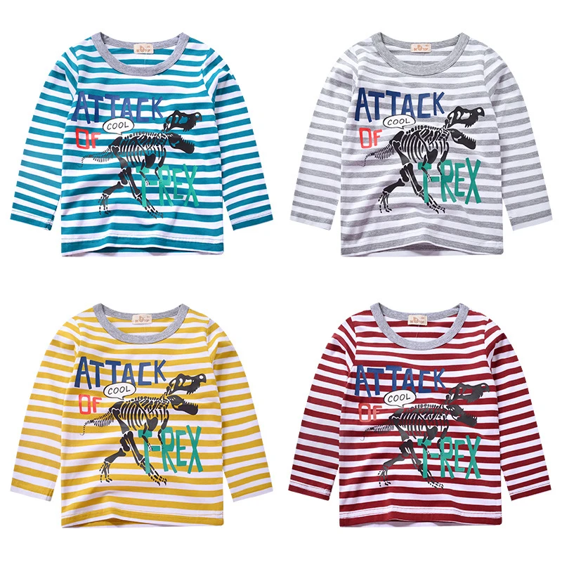 

27kids Boys T-shirts Spring Cool Dinosaur Print Stripe Casual Cotton Shirts Pullover Crew Neck for Long Sleeve Top Clothes 2-9y