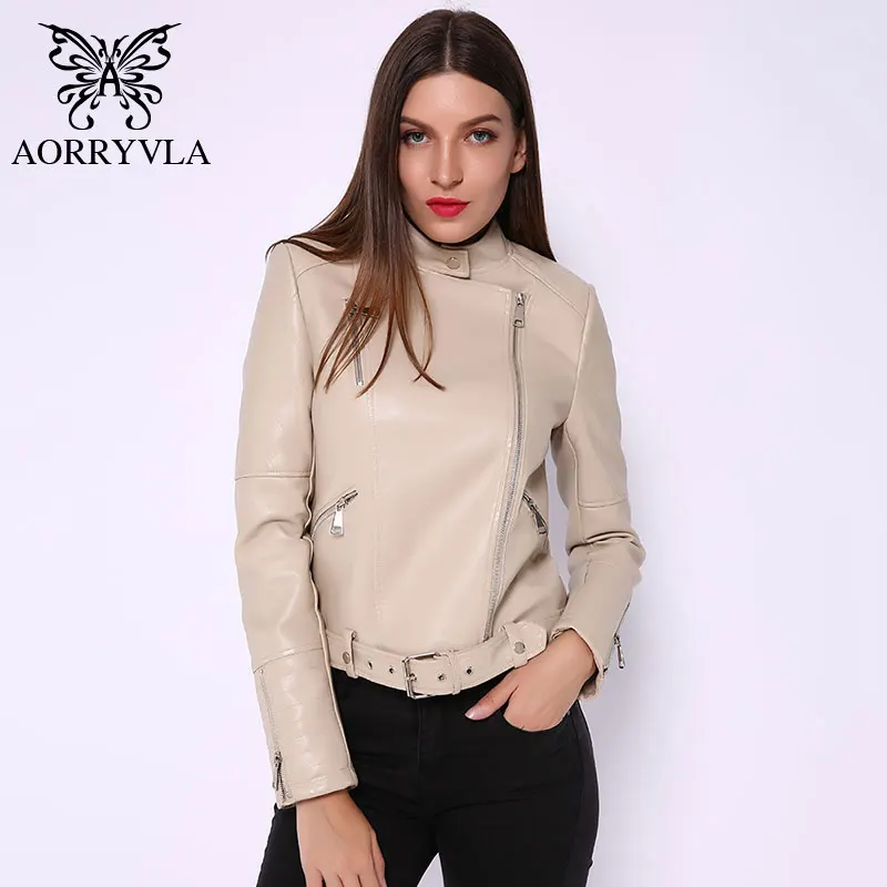 AORRYVLA, кожаная женская куртка,, черная, искусственная кожа, куртки, отложной воротник, на молнии, байкерское пальто с помпоном, женская кожаная куртка