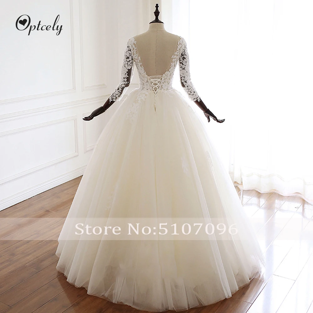 Optcely Vestido De Noiva простое бальное платье с круглым вырезом и Длинными Рукавами Свадебное платье с открытой спиной 2019 кружево с аппликацией и