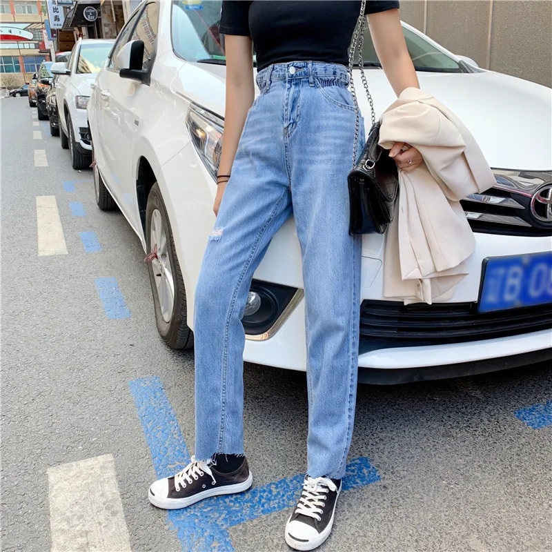 S-xl корейский шик стиль женские rippeddenim Брюки повседневные синие с высокой эластичной талией джинсы для женщин прямые брюки женские(Z8671