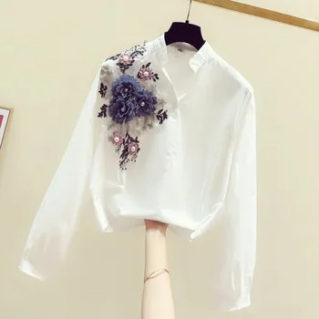 

Flower Shirt Woman 2020 Spring Women's New Hand-Made Embroidery Three-dimensional Flower V-neck Long-Sleeve Blouses Tops Blusas