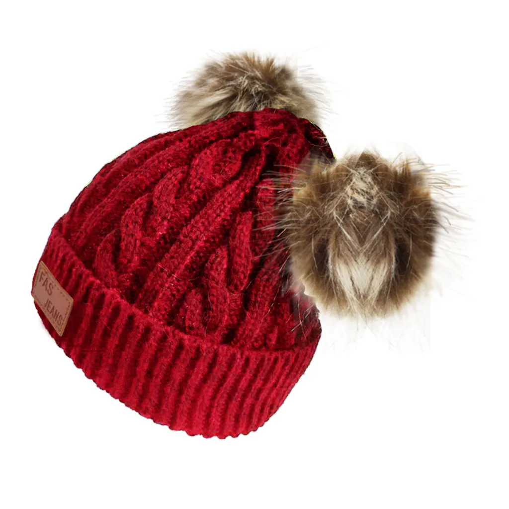 Зимняя шапка с двойным плюшевым помпоном для детей, вязаные шапочки для маленьких девочек, шапка, шапка, толстая Женская Осенняя Лыжная шапка с меховым помпоном, эластичная@ 35