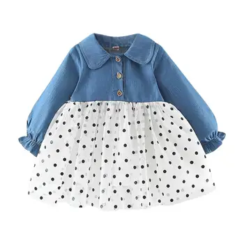 

Long Sleeve Princess Dress Baby Kids Girls Turn Down Collar Dot Printing Breathable Soft Splicing Ruffled Mesh Dresses