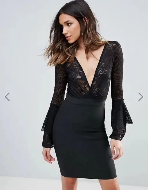 ^Cheap Mode Vrouwen Jurk V-hals Sexy Black Lace Lange Mouwen Mini Bandage Jurk