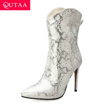 

QUTAA 2020 Snakeskin PU Leather Slip on Fashion Women Shoes Sexy Thin High Heel Pointed Toe Autumn Winter Ankle Boots Size 34-43