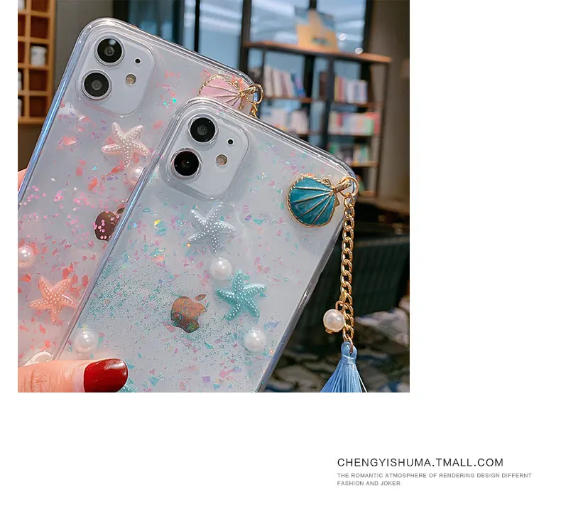 Для iPhone 11» бетонный завод/XS Max океана чехол 3D раковина морской звезды мягкий чехол для iPhone X XR 7 8 6splus Прозрачная крышка для iPhone 8plus с кисточкой