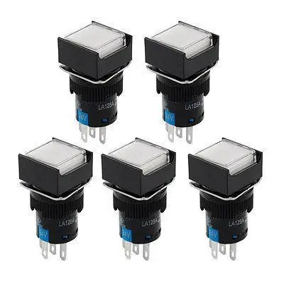 

5 Pcs 5P Latching 1NO 1NC White Neon Light Squared Push Button Switch DC 24V