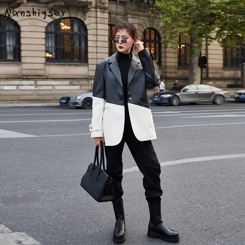 

Women Vintage Suit Stitching Faux Washed PU Leather Jacket 2020 Autumn New Loose Streetwear Biker Jacket Female Jaqueta De Couro