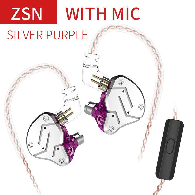 purple with mic KZ ZSN 1BA+ 1DD гибридные Наушники Hi-Fi Monito спортивные наушники для бега DJ гарнитура вкладыши съемный Отсоединяемый 2Pin кабель - Цвет: purple with mic