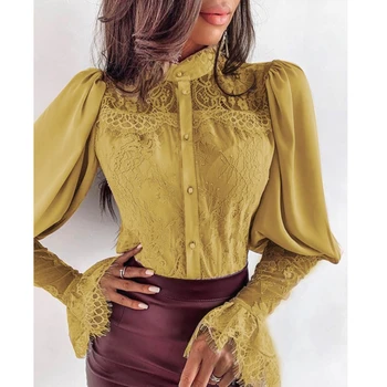 

Blouse Women Lace Patchwork Flare Sleeve Buttoned Shirts Chic Elegant Spring Fall Office Stand Collar Chiffon Solid Casual Tops