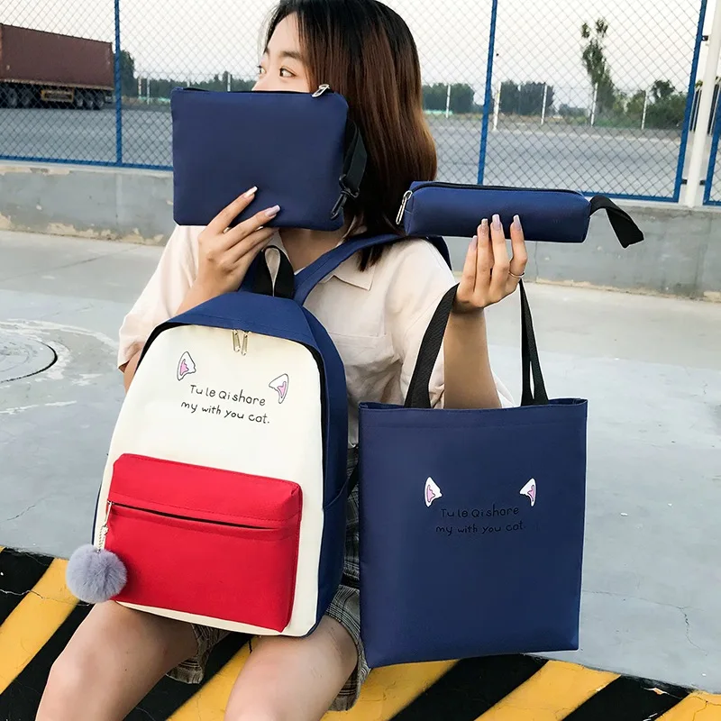 

Korean-style Contrast Color Canvas Backpack School Bag Shoulder Bag Pencil Case Four-piece Set Different Size Bags STUDENT'S Bac