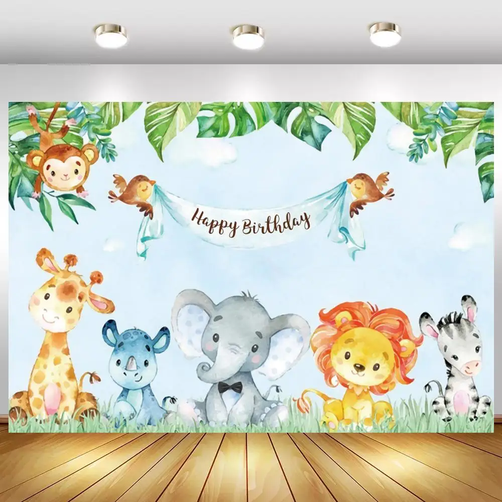 

Мультфильм Животные Вечеринка зоопарк счастливый фон для фотосъемки на день рождения для детей декор для обеденного стола для фотосъемки с изображением весенних листьев