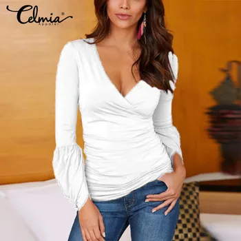 

Stylish Tops Celmia 2020 Autumn Long Sleeve Women Shirts Plus Size Elegant OL Office Ladies V-neck Blouse Pleated Blusas Mujer