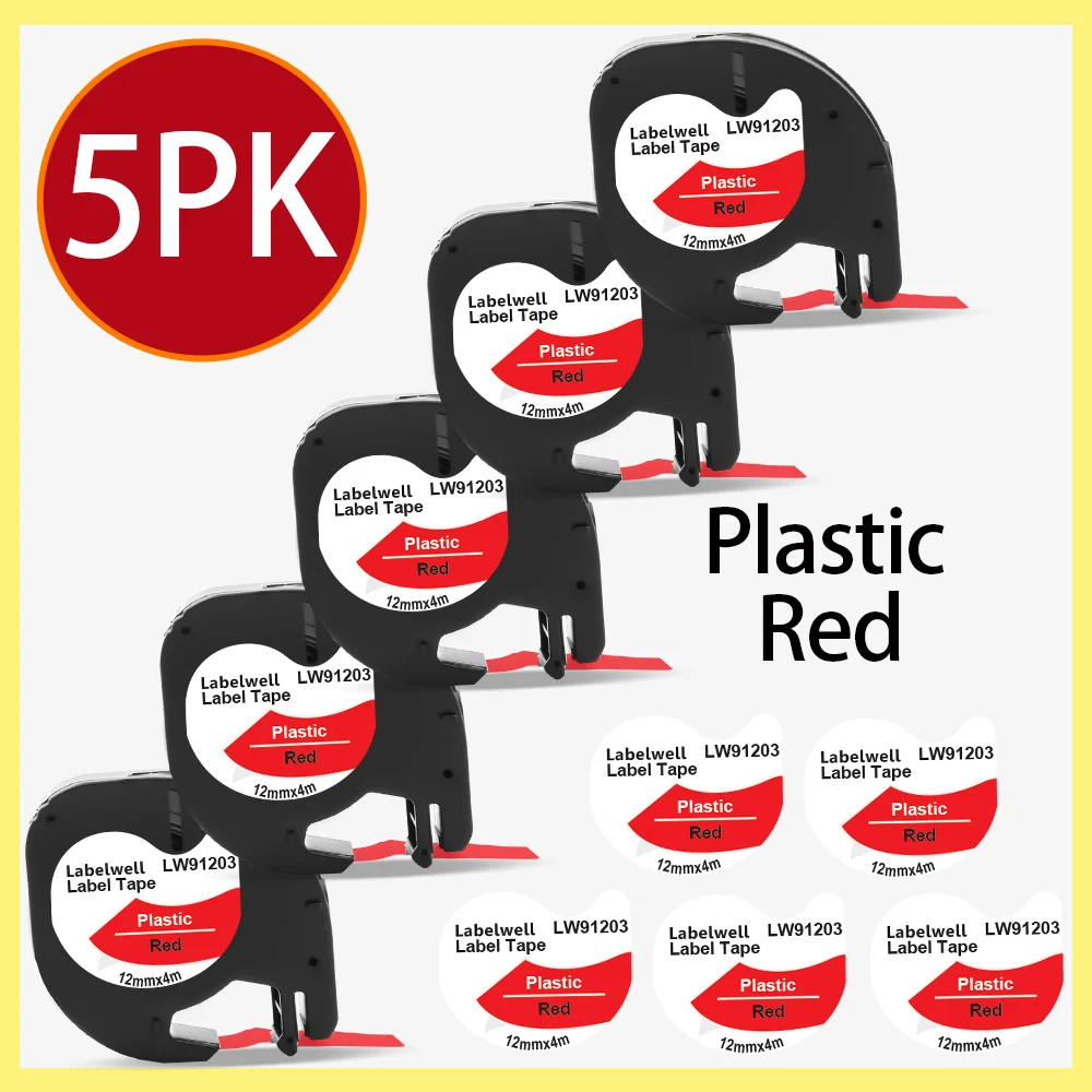 

Labelwell 1/ 3/ 5PK Label Compatible Dymo LetraTag 91203 Black on Red 12mm LT 91223 91333 Plastic Printer Ribbon For LT100H QX50
