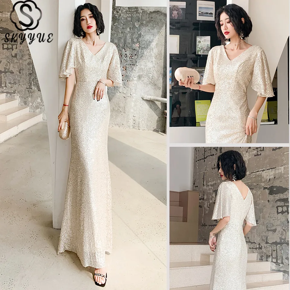 

Skyyue Formal Dress V-Neck Sequined Mermaid Half Sleeve Evening Dress 2020 Backless Sequined Solid Robe De Soiree K122