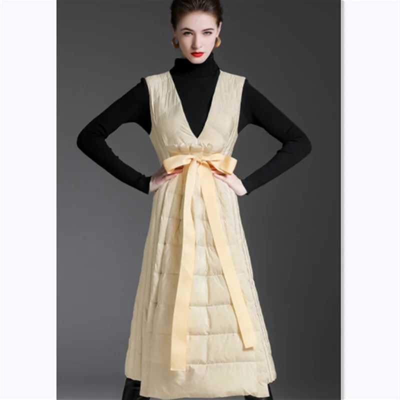 Autumn And Winter Duck Down Long Skirt Thin And Warm Waist Waist Big Swing Sleeveless Pullover Down Jacket Women Long Dress