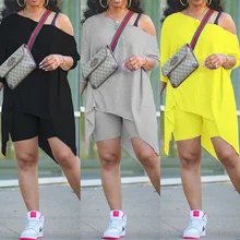 ChocoMist Two-piece Casual Solid Off Shoulder Irregular Design Two-piece Shorts Set VK2012