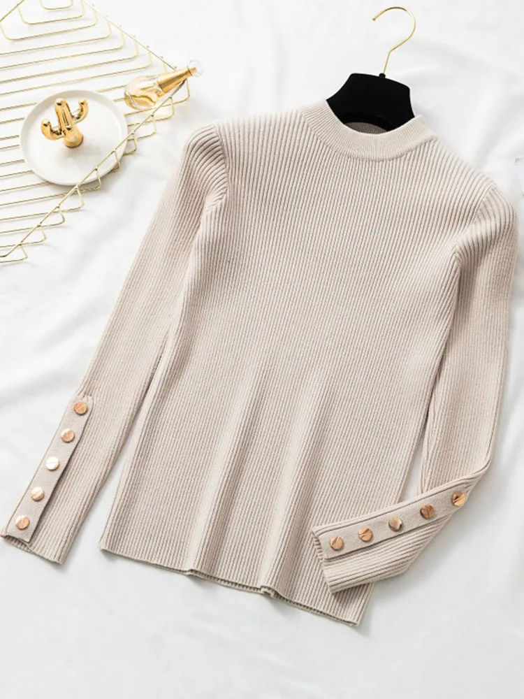 

Casual Long Sleeve Button O-Neck Chic Sweater Female Slim Knit Top Soft Jumpe Autumn Winter Women Sweaters One Size Pullovers