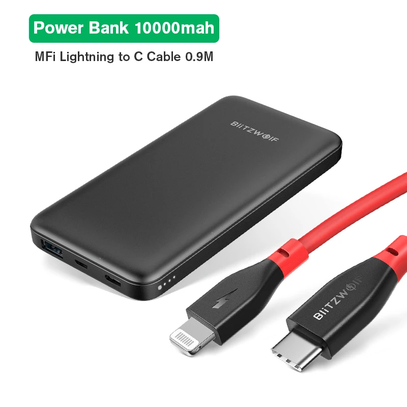 With Lightning Cable BlitzWolf BW-P9 power Bank 10000mA 18 Вт QC3.0 порты type-C зарядное устройство Внешний аккумулятор быстрая зарядка для iPhone 11 Xiaomi - Цвет: With Lightning Cable