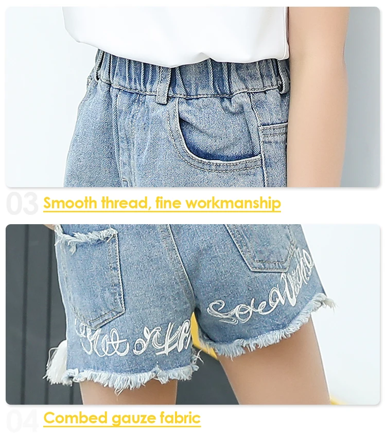 Summer Kids Girls 2 Piece 5-14 Year Old Girl Outfits Puff Sleeve T-shirt Two Piece Denim Short Girls Clothing Set